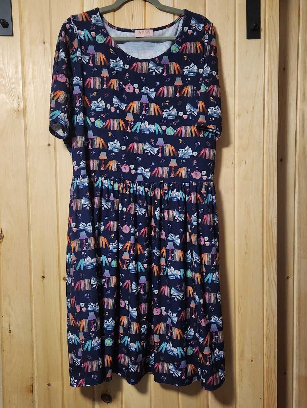 Popsy Navy Book-Print Short Sleeve Casual Dress with Colorful Accents